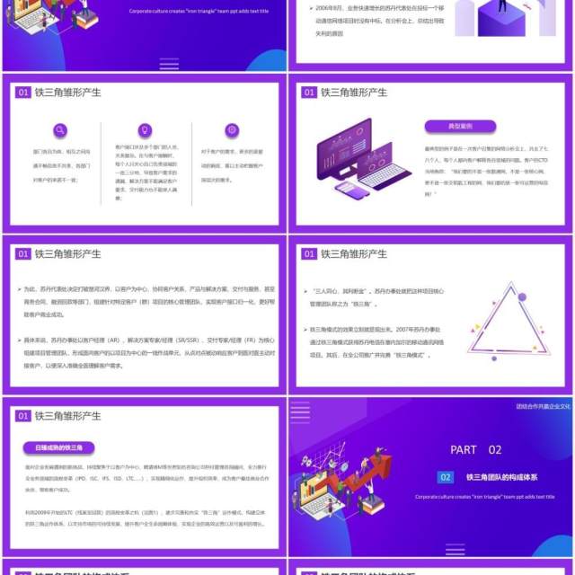 紫色简约企业文化打造铁三角团队员工管理培训PPT模板