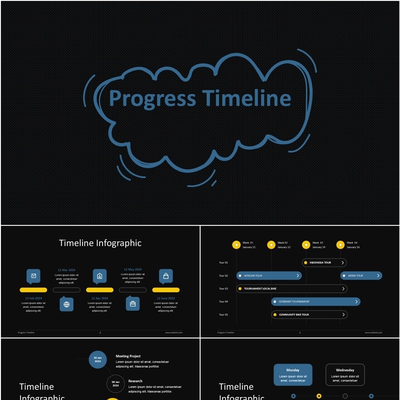 项目进度时间表信息图PPT模板Progress Timeline - Dark Version (No Image)