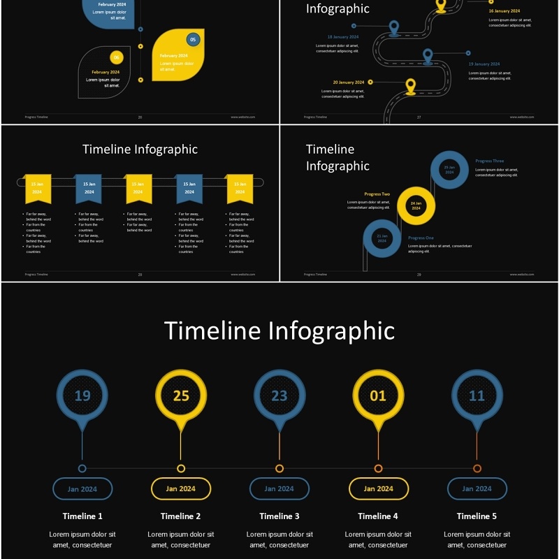 项目进度时间表信息图PPT模板Progress Timeline - Dark Version (No Image)