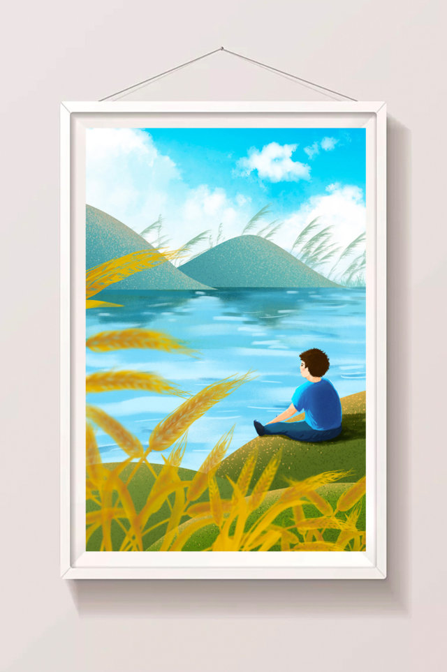 蓝色卡通湖边休憩人物插画 蓝色卡通湖边休憩人物插画