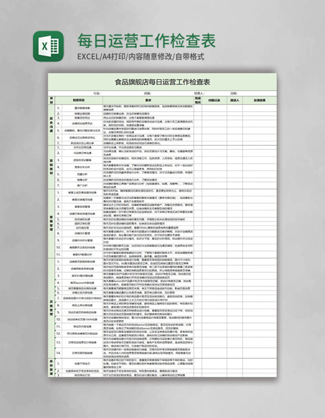 每日运营工作检查表excel表格模板