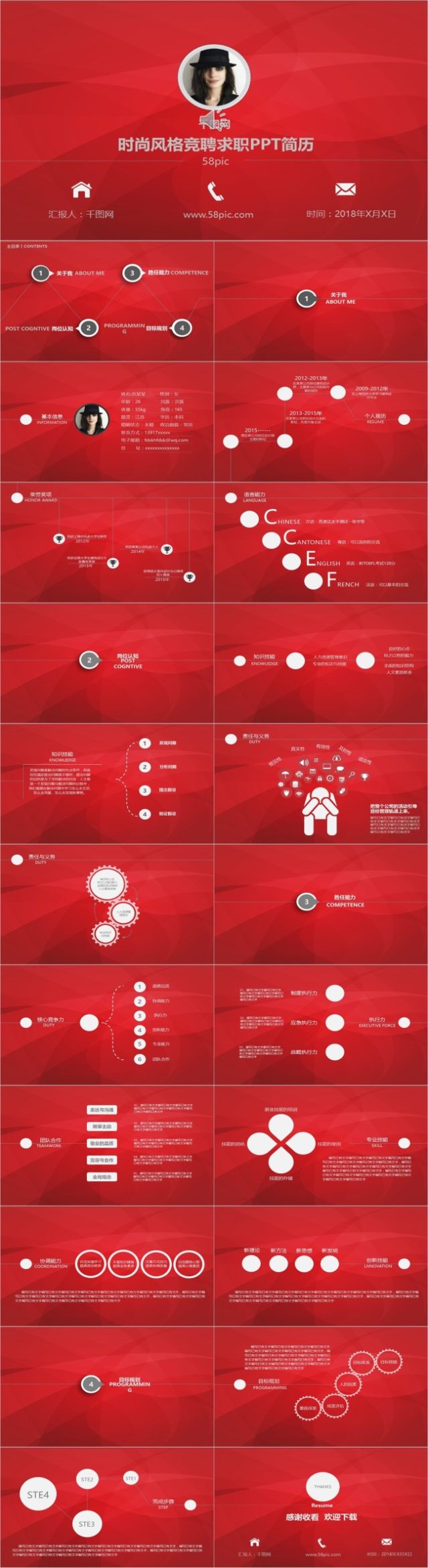 红色时尚风格竞聘求职找工作PPT模板简历