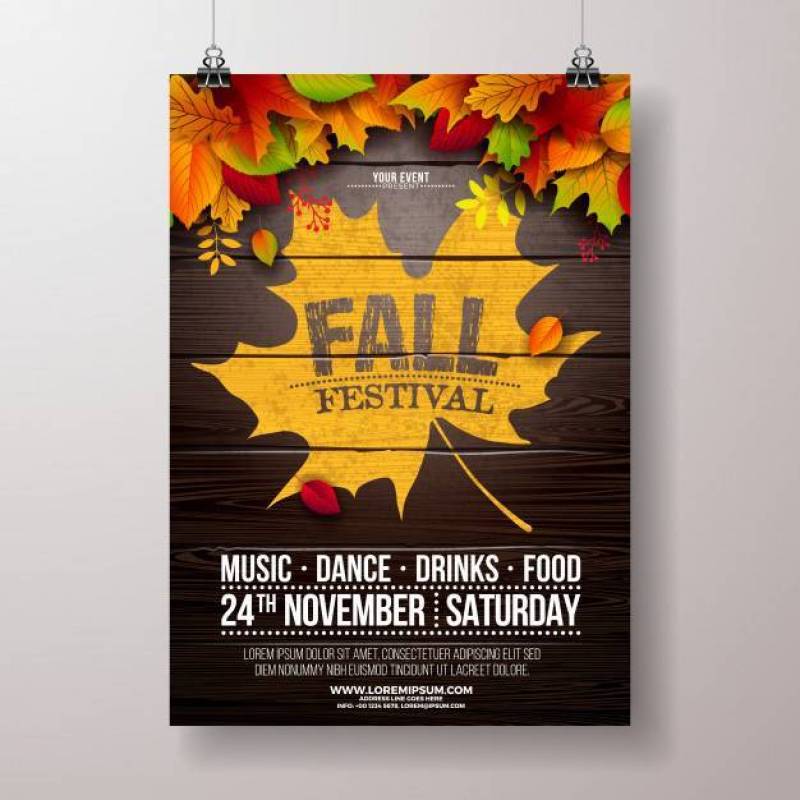 Autumn Party Flyer Illustration with falling leaves and typography design on vintage wood