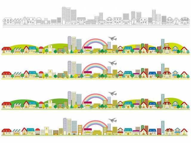 城市景观徒步旅行飞机彩虹路市区插画图片