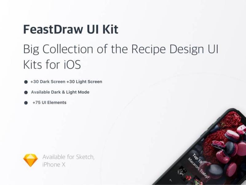 在Sketch。，FeastDraw UI Kit中设计的浅色和深色iOS Recipe UI工具包