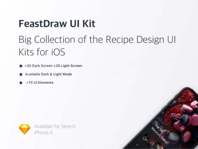 在Sketch。,FeastDraw UI Kit中设计的浅色和深色iOS Recipe UI工具包 在Sketch。,FeastDraw UI Kit中设计的浅色和深色iOS Recipe UI工具包