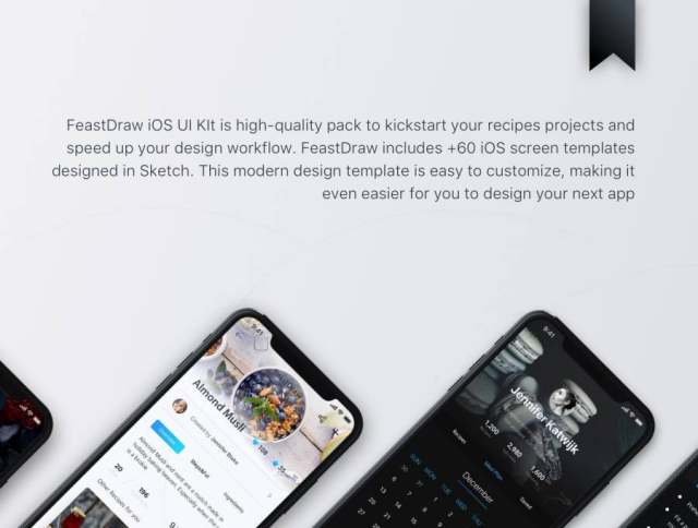 在Sketch。,FeastDraw UI Kit中设计的浅色和深色iOS Recipe UI工具包 在Sketch。,FeastDraw UI Kit中设计的浅色和深色iOS Recipe UI工具包