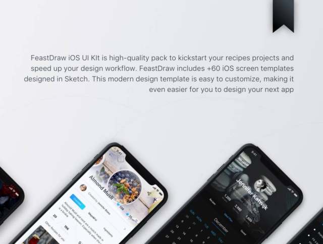 在Sketch。，FeastDraw UI Kit中设计的浅色和深色iOS Recipe UI工具包