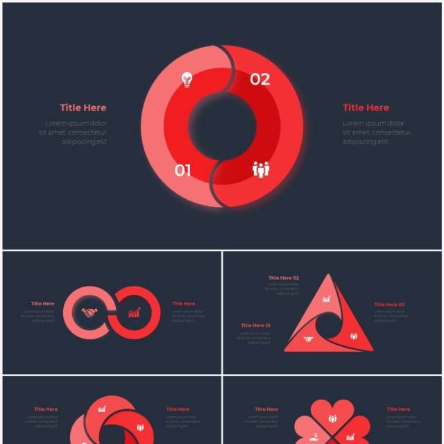 深色背景红色循环关系箭头拼图时间轴PPT信息图表素材Infographic Red