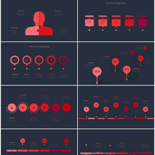 深色背景红色循环关系箭头拼图时间轴PPT信息图表素材Infographic Red