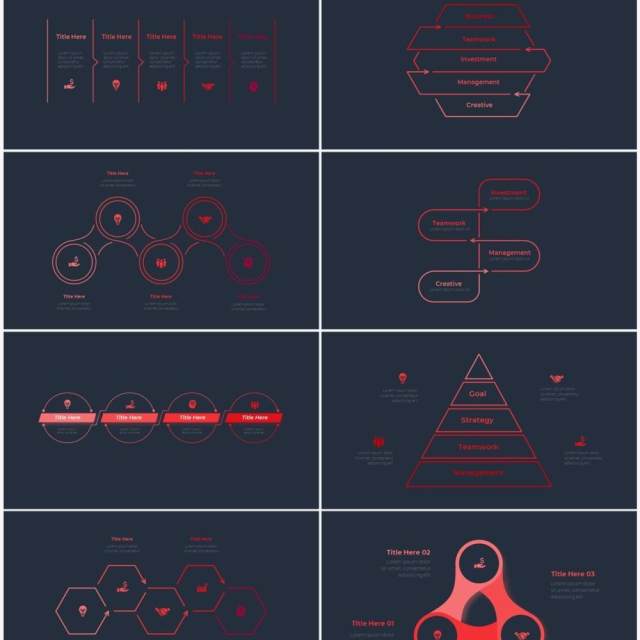 深色背景红色循环关系箭头拼图时间轴PPT信息图表素材Infographic Red