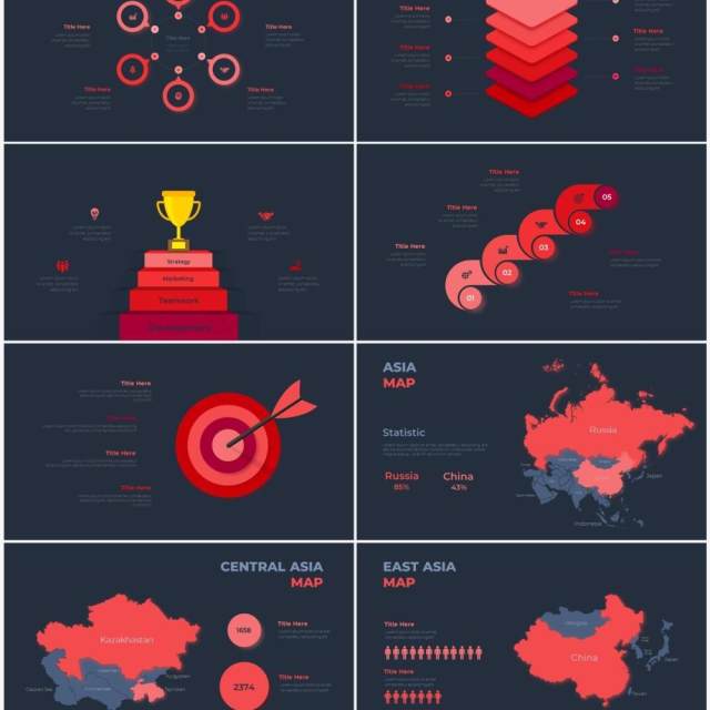 深色背景红色循环关系箭头拼图时间轴PPT信息图表素材Infographic Red