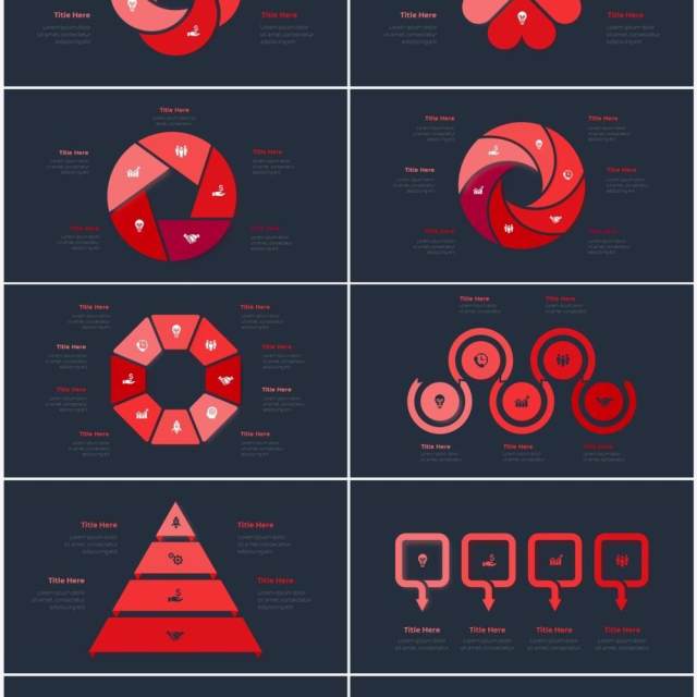 深色背景红色循环关系箭头拼图时间轴PPT信息图表素材Infographic Red