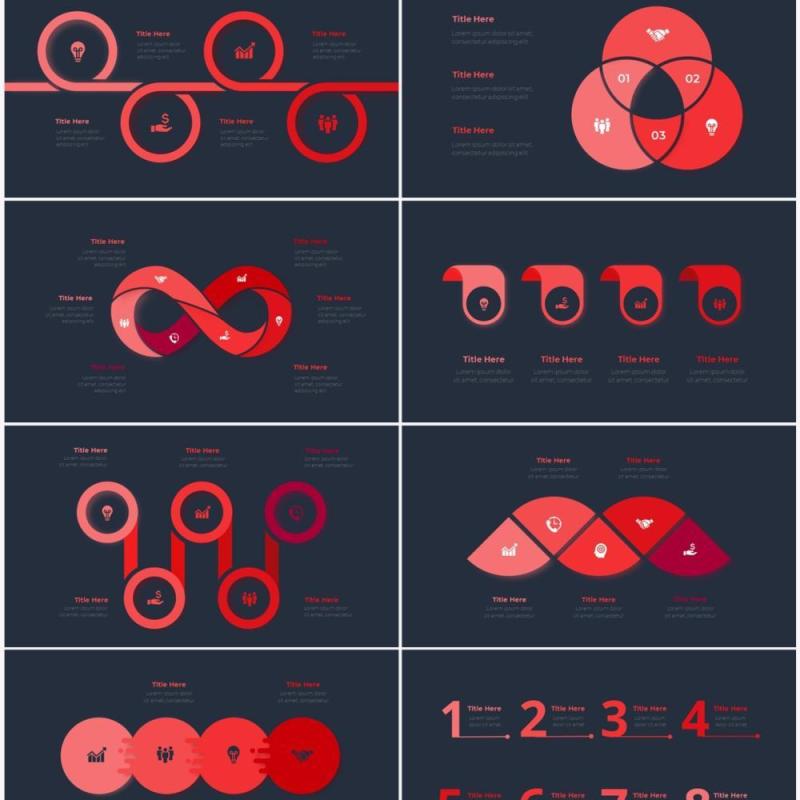 深色背景红色循环关系箭头拼图时间轴PPT信息图表素材Infographic Red