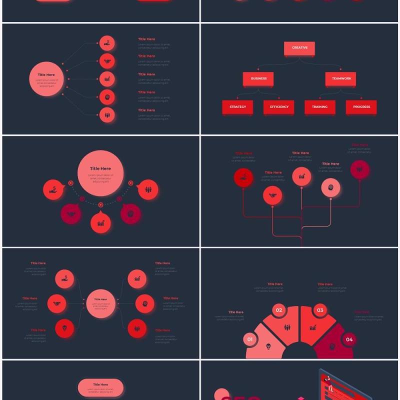深色背景红色循环关系箭头拼图时间轴PPT信息图表素材Infographic Red