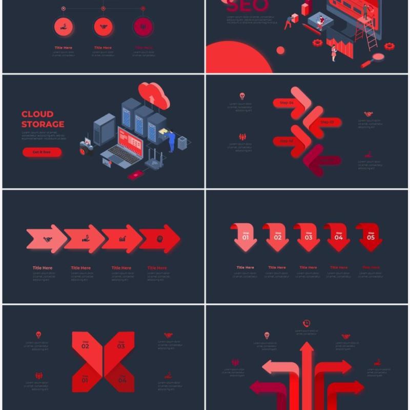 深色背景红色循环关系箭头拼图时间轴PPT信息图表素材Infographic Red