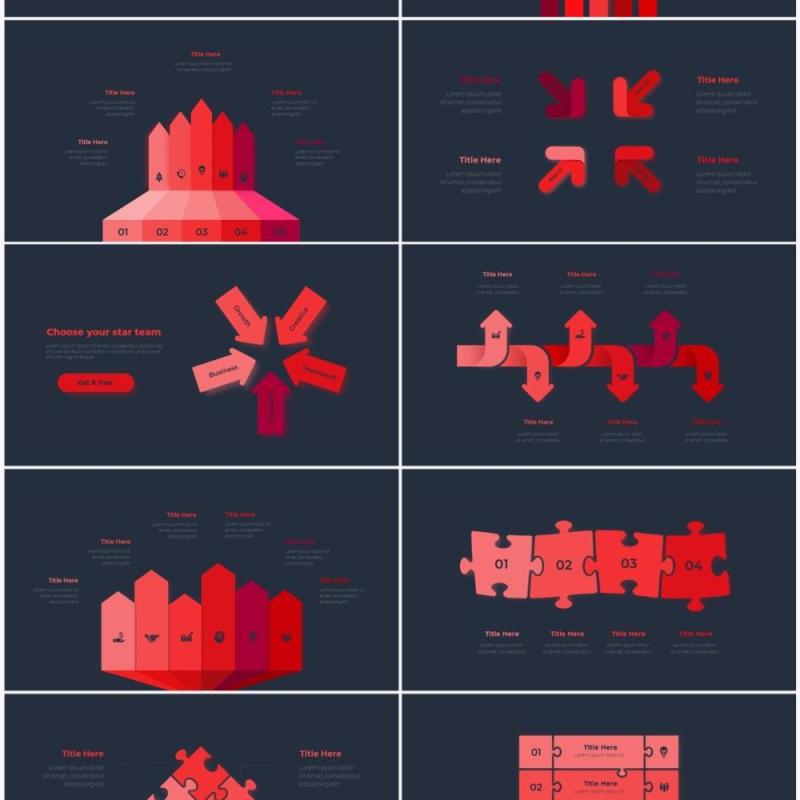 深色背景红色循环关系箭头拼图时间轴PPT信息图表素材Infographic Red
