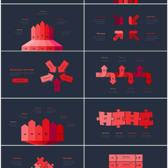 深色背景红色循环关系箭头拼图时间轴PPT信息图表素材Infographic Red