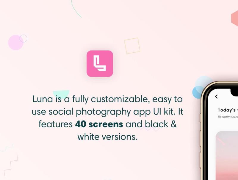 可定制的iPhone XS iOS Photo App UI套件，使用Sketch。，Luna Photo App UI Kit设计