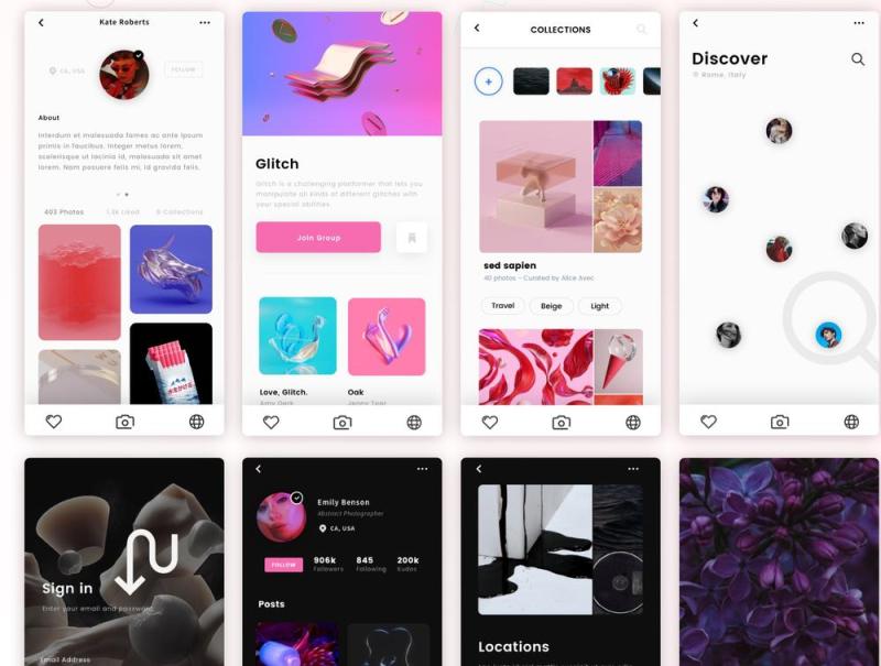 可定制的iPhone XS iOS Photo App UI套件，使用Sketch。，Luna Photo App UI Kit设计