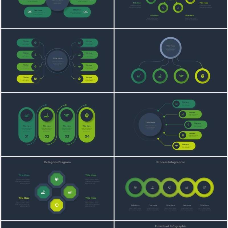 深色背景绿色流程结构图目录摘要并列信息图表PPT素材Infographic Green