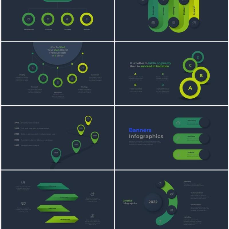 深色背景绿色流程结构图目录摘要并列信息图表PPT素材Infographic Green