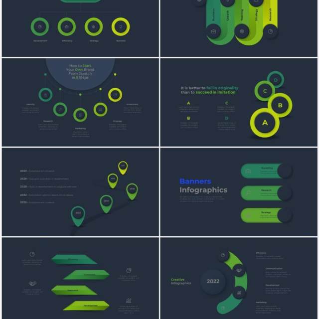 深色背景绿色流程结构图目录摘要并列信息图表PPT素材Infographic Green