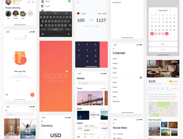 70多个iOS iPhone X屏幕，用于旅行应用程序屏幕，以提高您的工作流程。，Gauri Travel iOS UI套件
