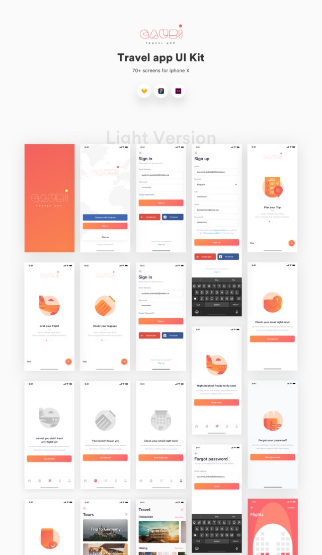 70多个iOS iPhone X屏幕，用于旅行应用程序屏幕，以提高您的工作流程。，Gauri Travel iOS UI套件