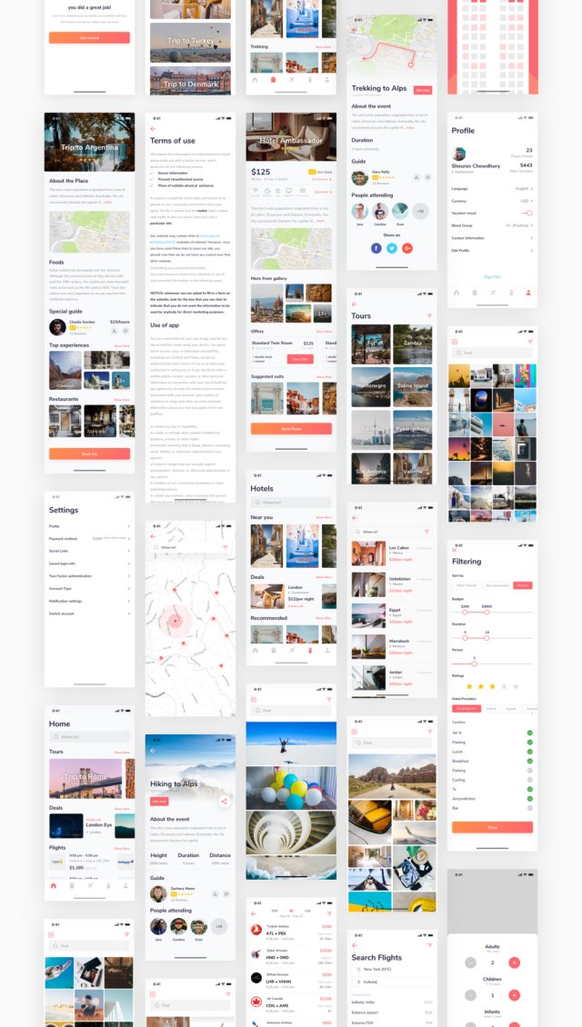 70多个iOS iPhone X屏幕，用于旅行应用程序屏幕，以提高您的工作流程。，Gauri Travel iOS UI套件