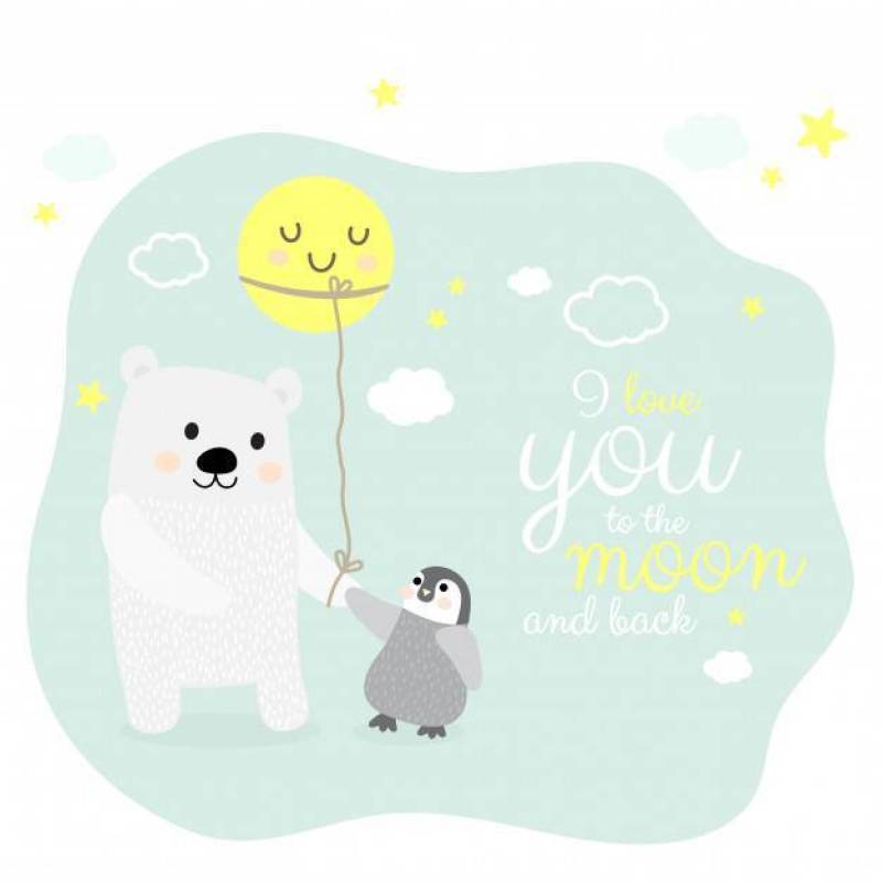 Polar bear and penguin with moon cartoon character