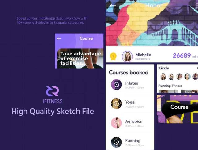 使用40多个屏幕分为8个热门类别iFITNESS UI Kit，加快您的移动应用设计工作流程