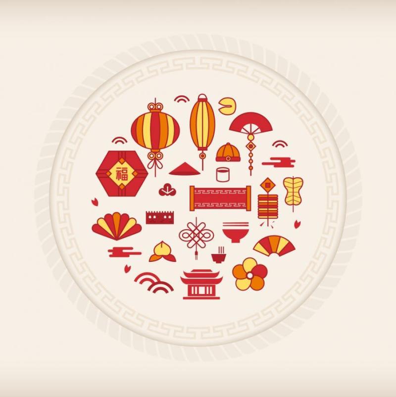 15款扁平化中国传统节日风格春节中秋中式祥云彩色矢量图标icon素材