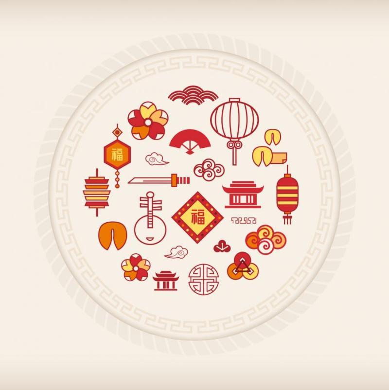 15款扁平化中国传统节日风格春节中秋中式祥云彩色矢量图标icon素材