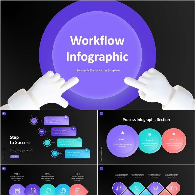 工作流信息图PPT模板素材Workflow Infographic (Dark)