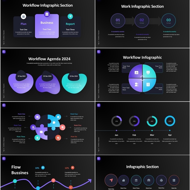 工作流信息图PPT模板素材Workflow Infographic (Dark)