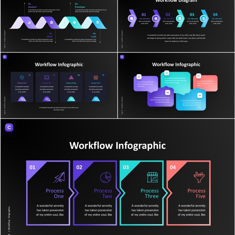 工作流信息图PPT模板素材Workflow Infographic (Dark)
