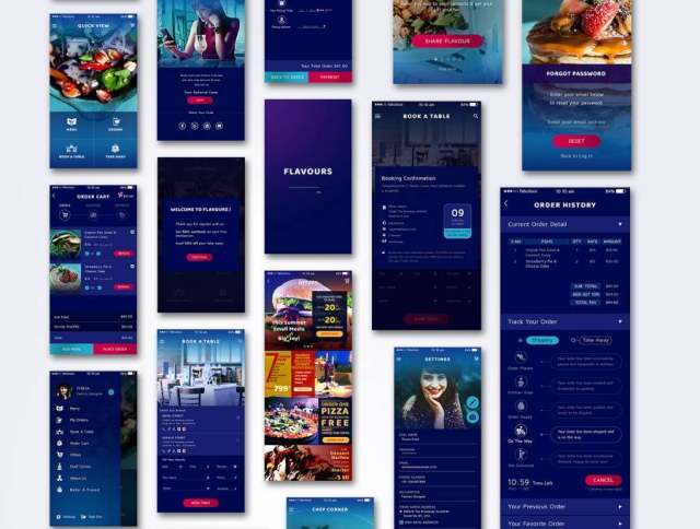 用于餐馆和食品的UI套件订购PSD和草图的移动应用程序，Flavors UI Kit