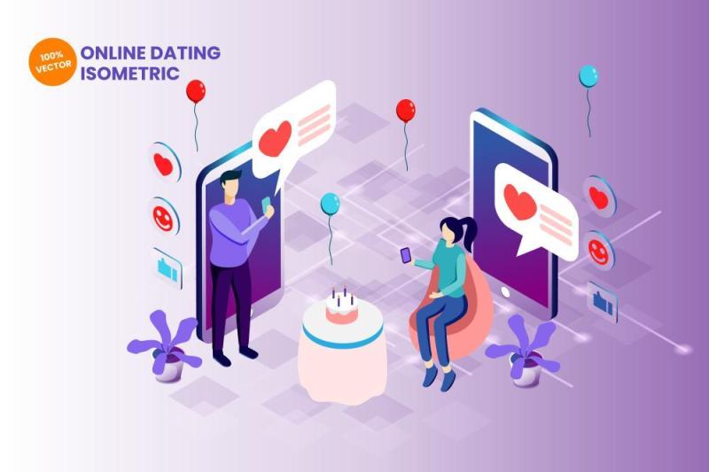 线上交友平台2.5D等距插画AI矢量素材Isometric online dating vector illustration