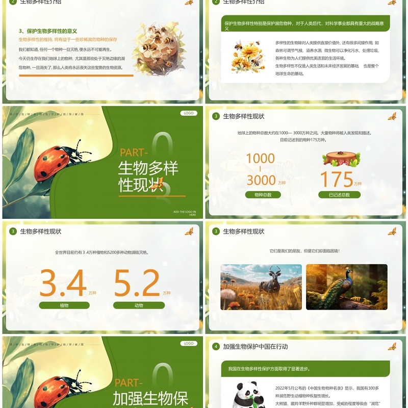 绿色插画风国际生物多样性日PPT模板