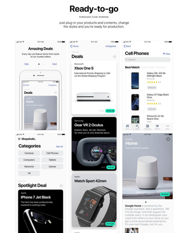 适用于Sketch，Photoshop和XD的完整iOS 11电子商务UI工具包，购物狂iOS 11