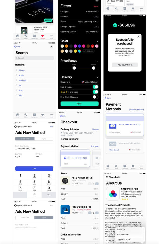 适用于Sketch，Photoshop和XD的完整iOS 11电子商务UI工具包，购物狂iOS 11