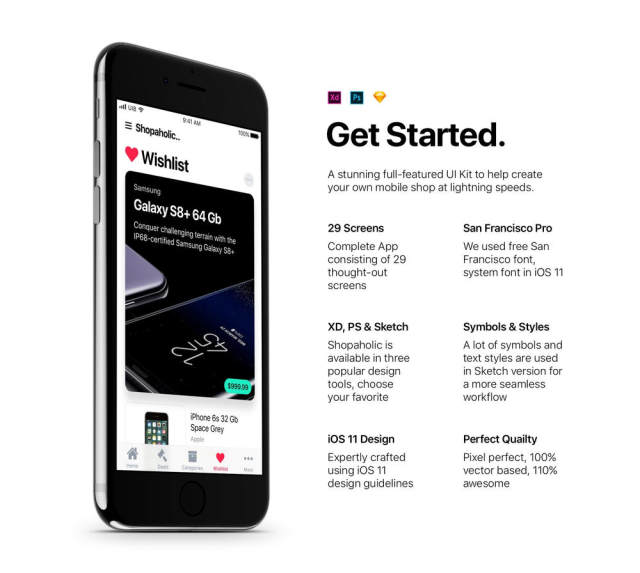 适用于Sketch，Photoshop和XD的完整iOS 11电子商务UI工具包，购物狂iOS 11