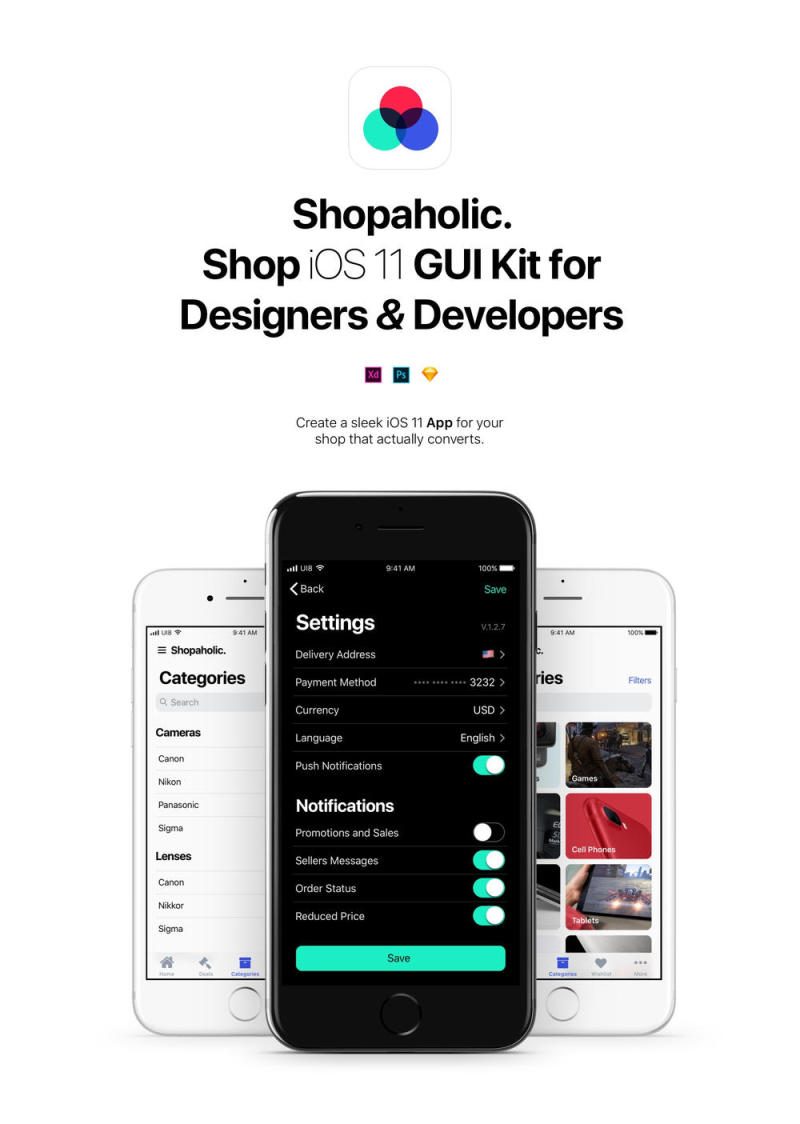 适用于Sketch，Photoshop和XD的完整iOS 11电子商务UI工具包，购物狂iOS 11
