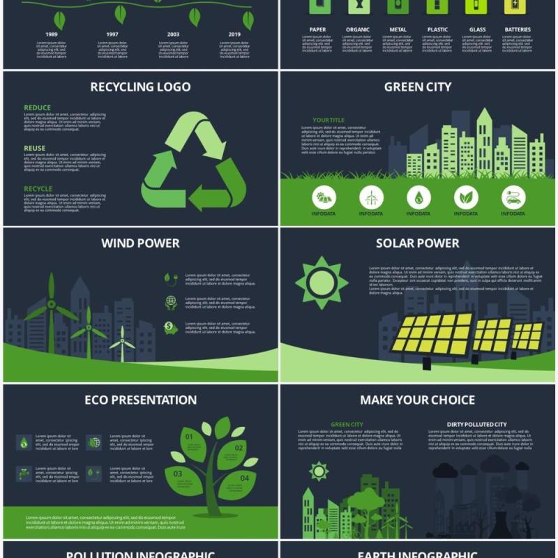 深色背景绿色生态信息图形PPT素材Ecology