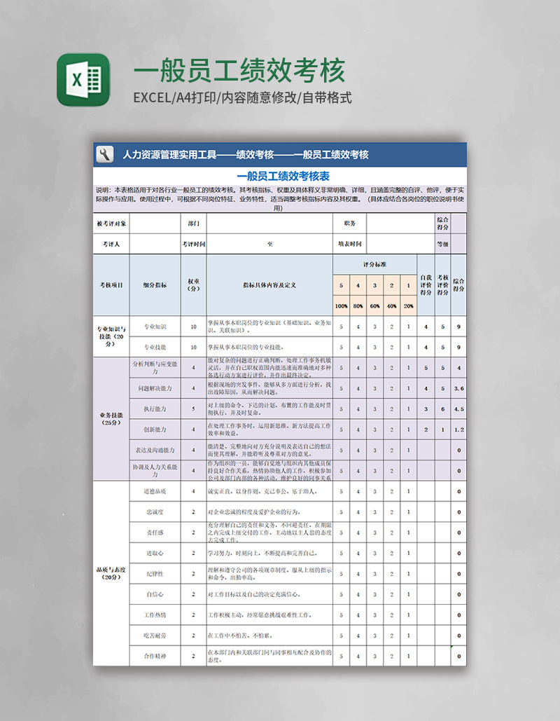 一般员工绩效考核excel模板