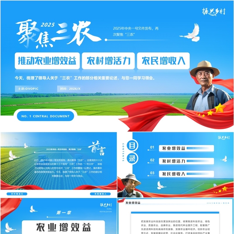 蓝色简约风2025中央一号文件聚焦三农PPT模板