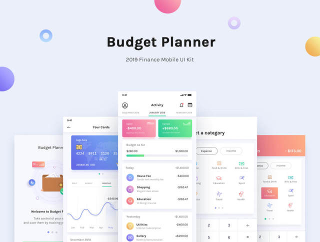 通过跟踪您的费用来查看您的资金来源！BudgetPlanner Mobile UI Kit