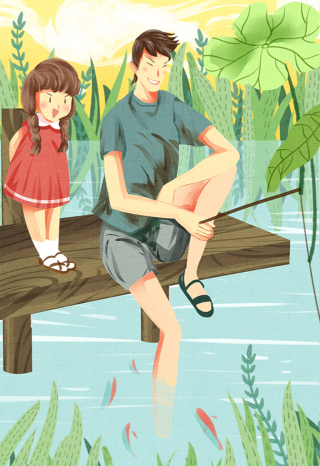 清新卡通可爱父亲节父女郊外钓鱼插画 清新卡通可爱父亲节父女郊外钓鱼插画