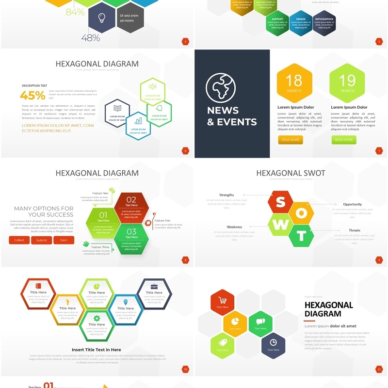 多彩六边形信息图PPT模板素材Wide Light Hexagonal Infographic